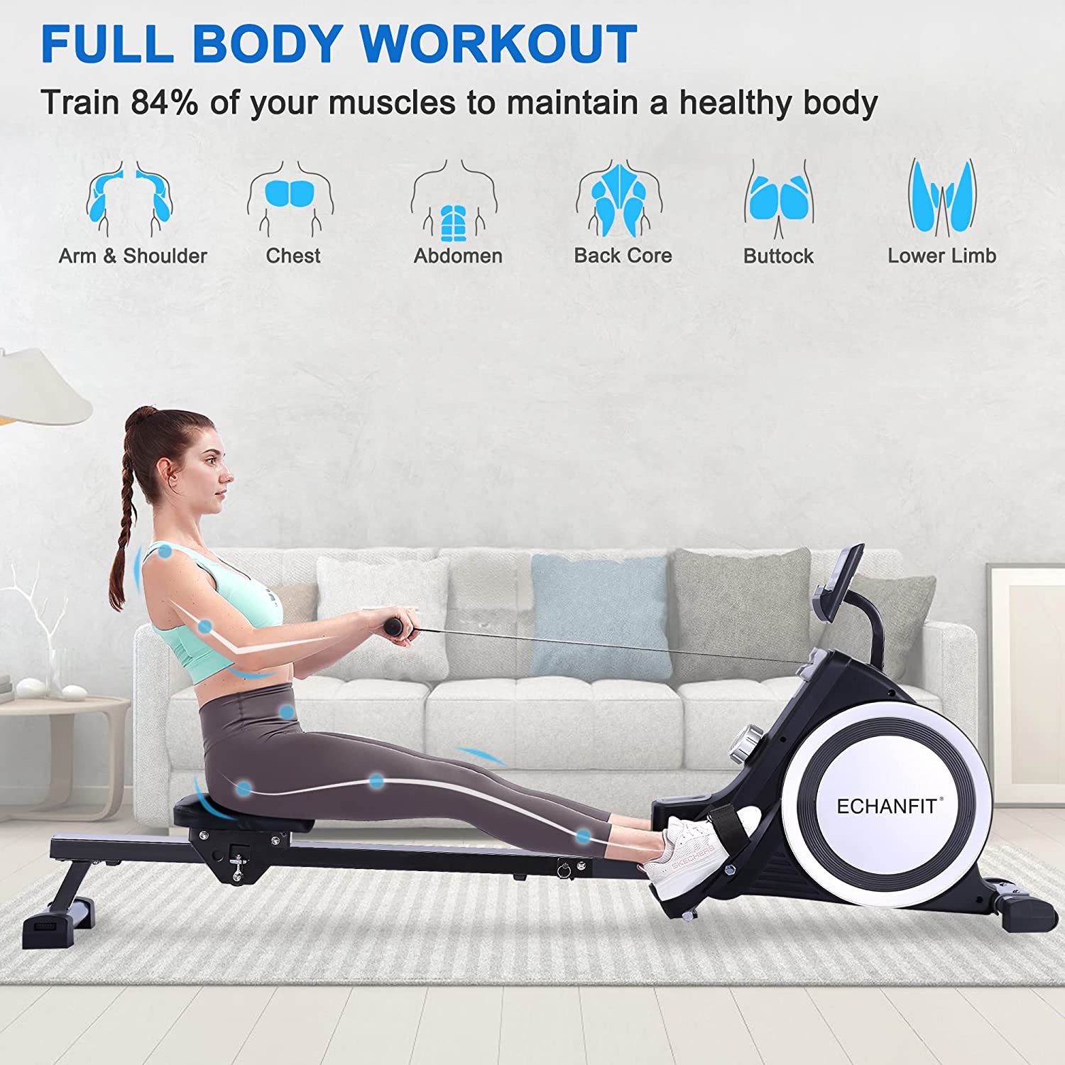 ECHANFIT Magnetic Rowing Machine with Bluetooth Fitness App for Home U